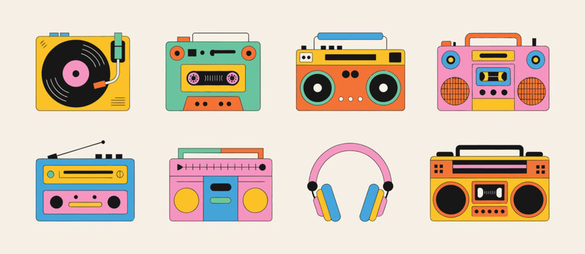 Retro Music Devices Collection Colorful Illustration