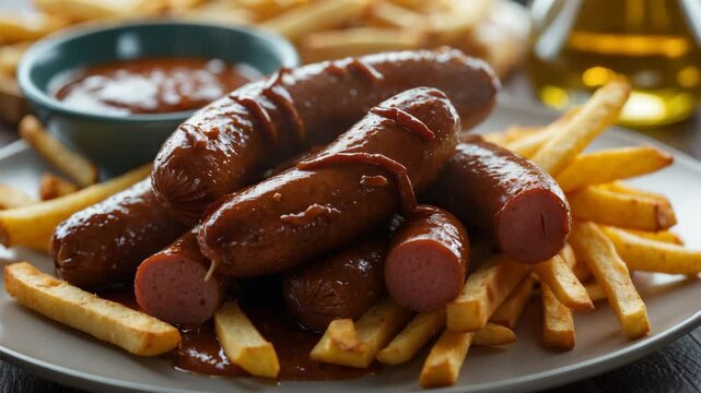 Classic currywurst - pieces of sausage immersed in curry sauce accompanied by fries