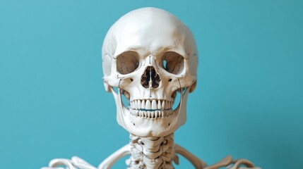 Human skull, anatomy study, blue background, medical illustration