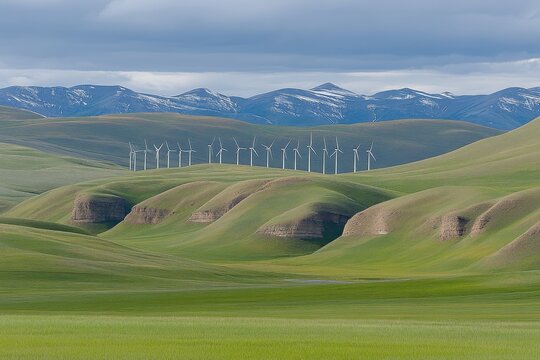 Rolling hills, vibrant green, wind turbines, snow-capped mountains.  Vast, grassy plains stretching into the horizon, with gentle undulations.  Multiple wind turbines line the landscape - Powered by Adobe