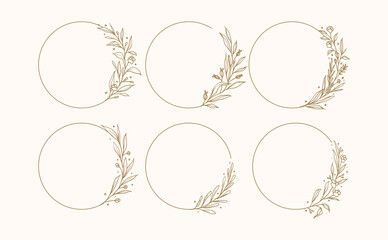 Obraz premium Set of Greenery Floral Wreath, Rounded Botanical Flower Frames and Floral Logo for Wedding and save the date nature wild flowers in vector