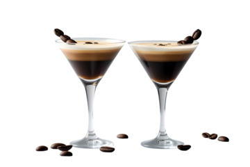 Espresso Martini cocktail with coffee bean garnish transparent PNG set bundle, isolated background. Mixology, bar menu cocktails in coupe saucer and martini glass, colorful refreshing drink