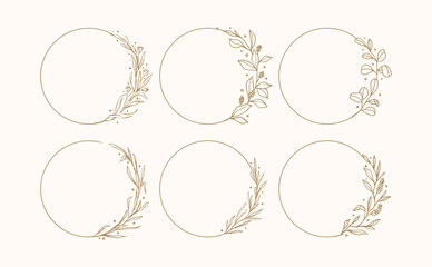 Set of Greenery Floral Wreath, Rounded Botanical Flower Frames and Floral Logo for Wedding and save the date nature wild flowers in vector