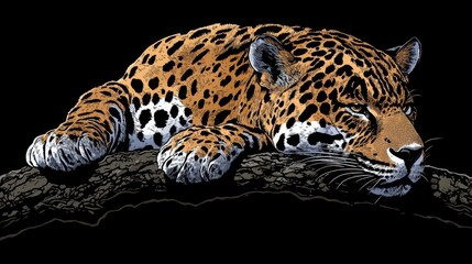 Obraz premium Pixelated jaguar resting serenely on a branch exhibiting detailed fur patterns in a retro gaming style showcasing its beauty and majesty against dark backdrop