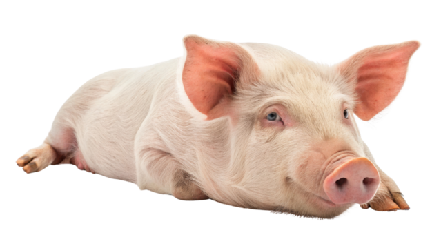 Pink pig lying down on transparency background, showcasing its relaxed posture and soft fur. pig ears are perked up, and its snout is prominent, adding to its adorable appearance