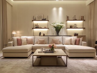 Interior of a living room with a large sectional sofa and a square coffee table