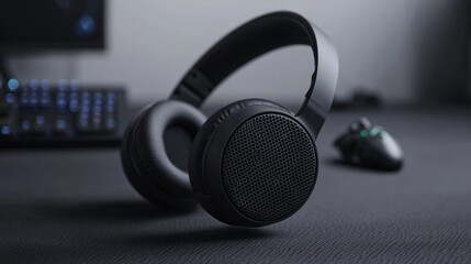 Gaming headphones on a desk.  Close-up view of the headphones, showing design details.  Surrounding gaming peripherals are visible