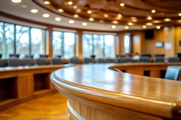 A modern conference room with wooden accents and large windows, designed for meetings.