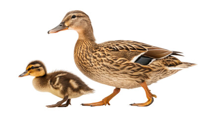 Obraz premium Mother duck and her duckling walking together, showcasing their brown and yellow feathers with natural and nurturing bond. image highlights beauty of wildlife and family connection