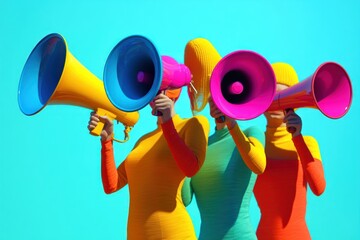 Four colorful 3D human models announcing through vivid colored megaphones, dynamic composition