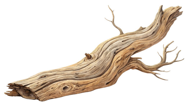 Realistic depiction of weathered tree branch with intricate textures and natural curves, showcasing its aged and rustic appearance. branch features small offshoots and hollowed section
