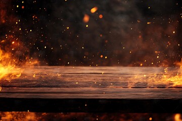 Burning fire on a wooden board on a dark background with bokeh