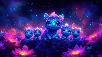 Fototapeta premium Enchanting alien kittens in a luminous floral meadow, bathed in cosmic glow and starlight with ethereal beauty, creating a whimsical dreamscape experience
