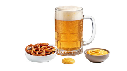 Frothy glass of beer is served alongside bowl of crunchy pretzels and small dish of mustard, creating classic and inviting snack pairing