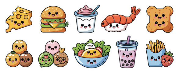 Cute Kawaii Cartoon Food Characters Set Illustration