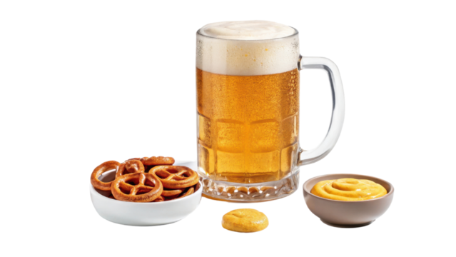 Frothy glass of beer is served alongside bowl of crunchy pretzels and small dish of mustard, creating classic and inviting snack pairing