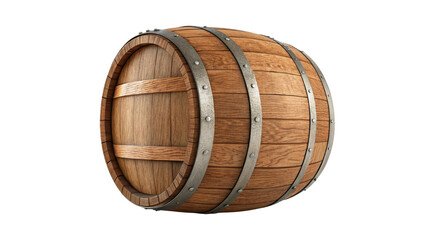 Wooden barrel with metal bands, showcasing rustic and traditional design, often used for storing liquids like wine, whiskey, or beer. craftsmanship highlights natural wood grain and sturdy