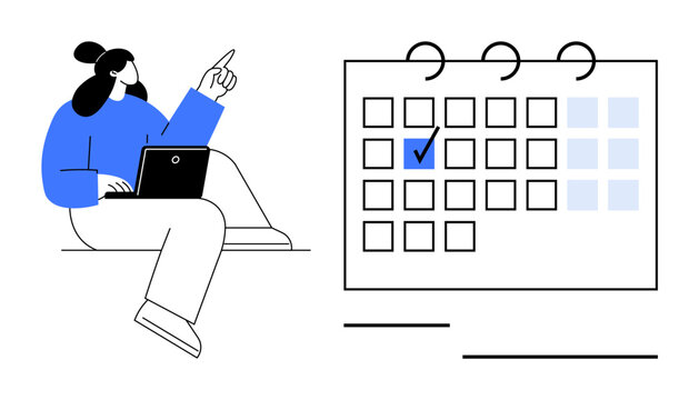 Person sitting with laptop pointing at calendar with highlighted date, representing planning, scheduling, or organization. Ideal for productivity, deadlines, reminders, time management, event
