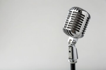 Fototapeta premium Minimalist retro microphone standing on light gray background in studio