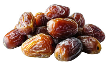 Collection of dried dates, arranged in a mound, showing their rich brown color and distinctive patterns.  The dates are displayed against a black background.