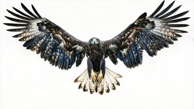 Majestic eagle in flight, wings outstretched against a pure white background.  Detailed close-up showcasing intricate plumage patterns and textures.  Powerful predatory bird soaring freely