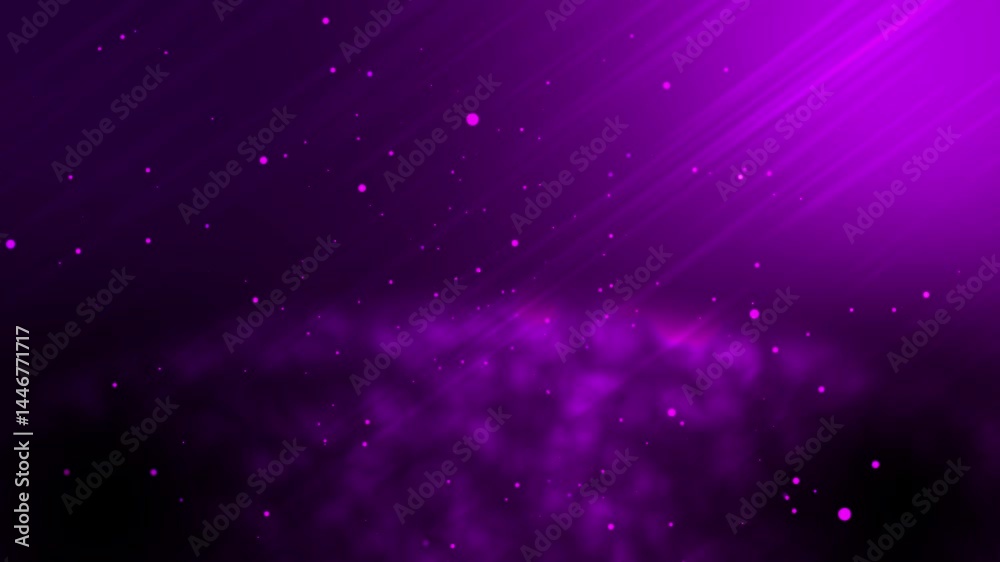 Poster purple particle stream animation with light rays and bokeh effects