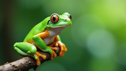 Fototapeta premium Green tree frog perched on white, vibrant skin, vibrant, green frog