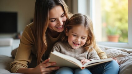 Obraz premium A heartwarming scene captures a fair-skinned mother with long brown hair and a young daughter with blonde curls engrossed in a book on a plush cream carpet in a sunlit living room.