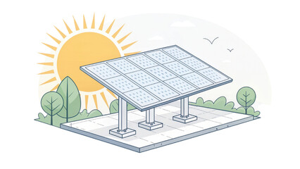 Solar panel is depicted clean and minimalistic illustration style, set outdoors bright sun. panel is mounted sturdy platform surrounded by greenery, symbolizing renewable energy and sustainability