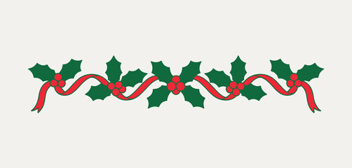 Christmas Holly Berry Garland with Red Ribbon Design
