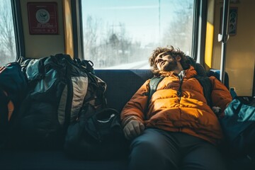 Backpacker resting on train seat with gear beside