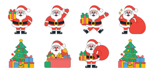 Cute Cartoon Santa Claus Characters with Christmas Gifts and Trees