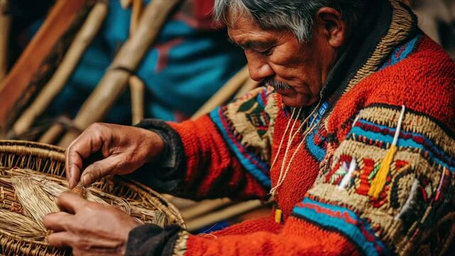 Elder artisan meticulously crafts a basket