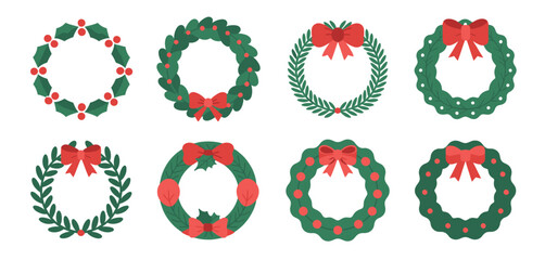 Eight Christmas Wreaths with Bows and Berries Vector Illustration