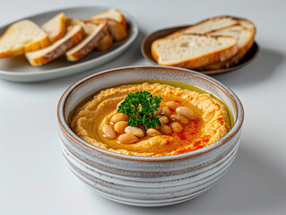 Hummus and bread dish photography