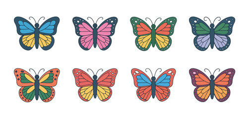 Eight Colorful Cartoon Butterflies Isolated on White