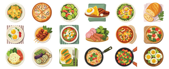 Variety of Delicious Food Dishes Top View Illustration