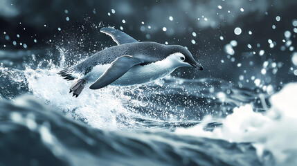Obraz premium A penguin in mid-air as it leaps from the ocean, water droplets frozen in time. [Frozen Time] | Everfrost Clock | eternal freeze. Illustration