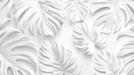 White tropical leaves patterned backdrop.  A minimalist design featuring numerous large, sculpted, white leaves arranged in a natural, overlapping pattern against a white background