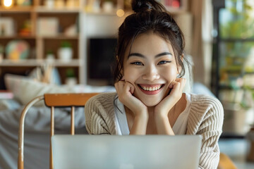 SWEET   diligent young Asian woman confidently utilizes her laptop at home, engaging in productive work, attending virtual meetings, participating in video conferences, and actively learning through o