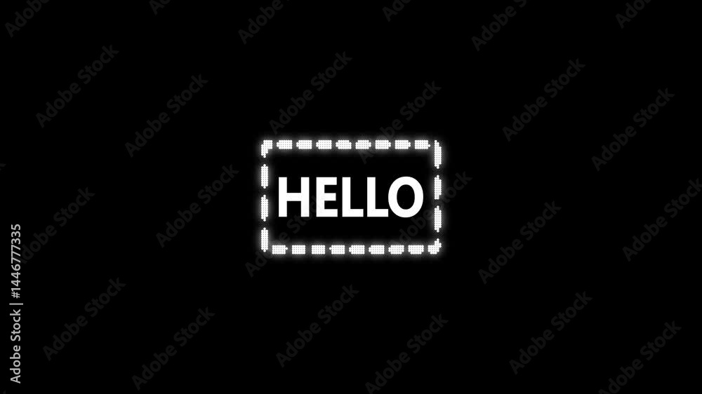Poster hello text animation with pixel border on black background. hello text animation glows with dynamic 