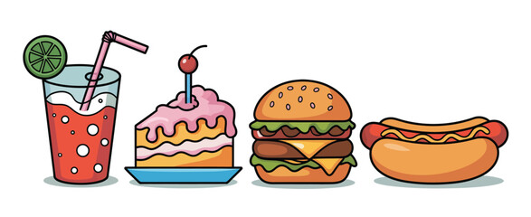 Cartoon Fast Food Set with Drink and Cake