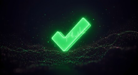 Green check mark glowing in dark atmosphere with digital particles Generative AI
