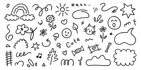 Set of cute kids elements. Hand drawn collection of scribble doodle icon. Vector line illustration
