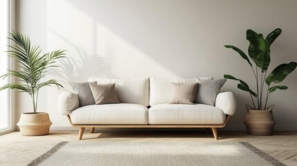 Elegant White Couch in Cozy Living Room Surrounded by Lush Potted Plants Inviting Comfort and Style