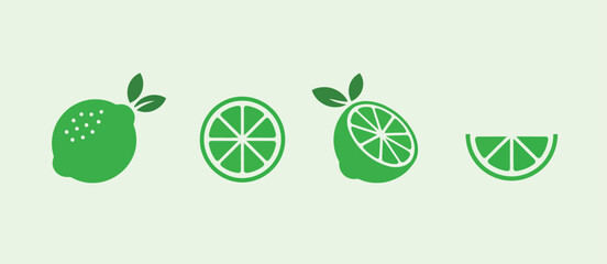 Lime Fruit Icons Set Whole, Sliced, and Wedge Illustrations