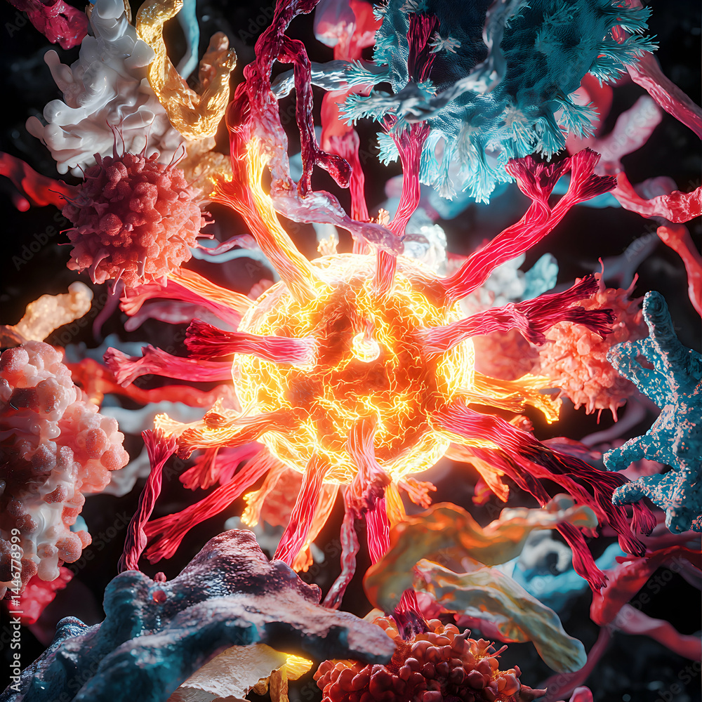 Poster an abstract art piece showing a macro view of cells and cellular structures with glowing central foc