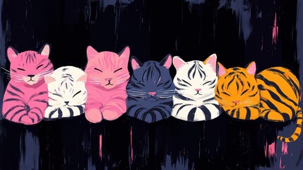 Pixelated ensemble of tiger cubs displaying a diverse palette of hues resting in a row evoking a sense of retro charm and vibrant pixel art aesthetics