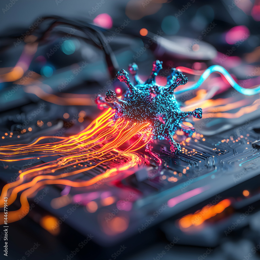 Poster conceptual image depicting a virus interacting with a circuit board. suggests digital threats and cy