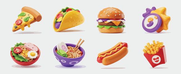 Cartoon Fast Food Icons Set Pizza, Taco, Burger, Ramen, Hot Dog, Fries
